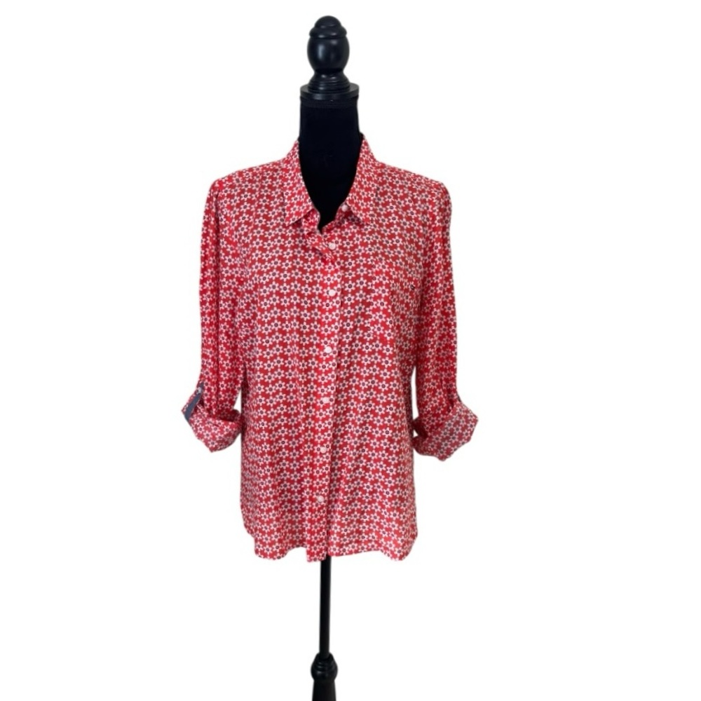 Tommy Hilfiger classic orange floral  button down long sleeve shirt top large